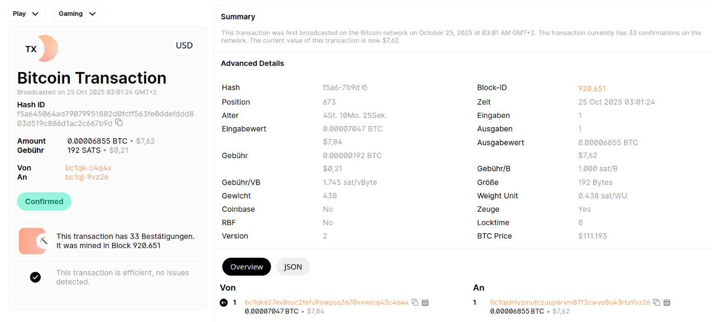 blockchain.com: Eine Transaktion mit 192B