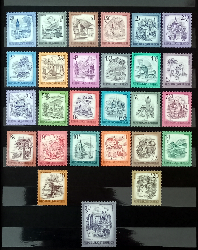 The dominating set of stamps in Austria (Schönes Österreich) when I was five, the full set.