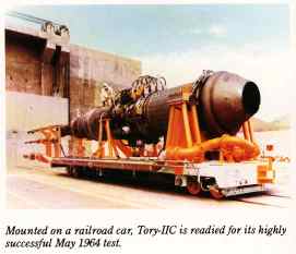 Mounted on a railroad car, Tory-IIC is readied for its highly successful May 1964 test.
